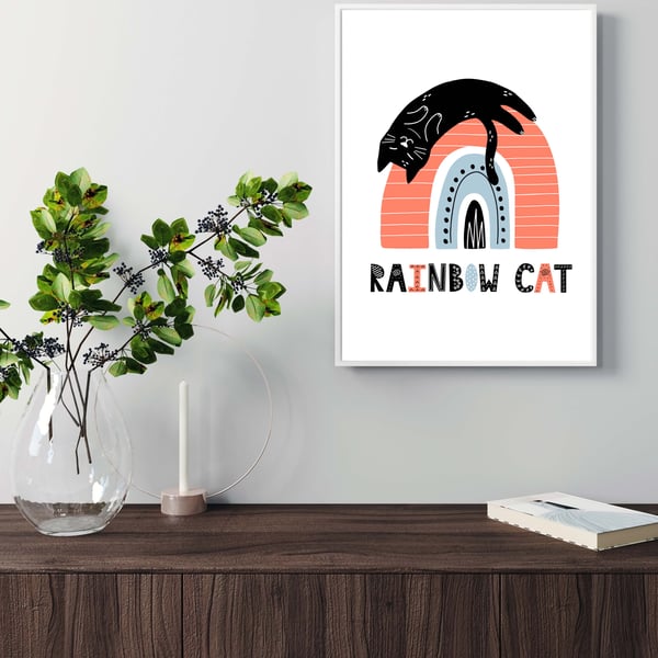 Cat on the rainbow print, gift for cat lovers, scandi art. cat print 5