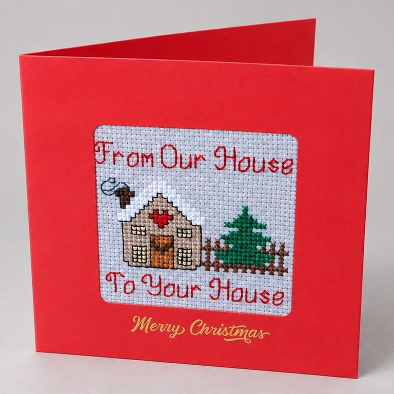 Handmade Cross Stitch From Our House to Your House Christmas Card – 5 x 5 Inch