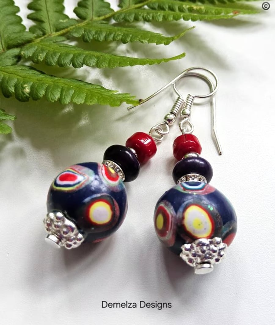 Hand Made Polymer Clay Beads, Red Coral & Howlite Gold Plate Earrings