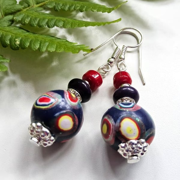 Hand Made Polymer Clay Beads, Red Coral & Howlite Gold Plate Earrings