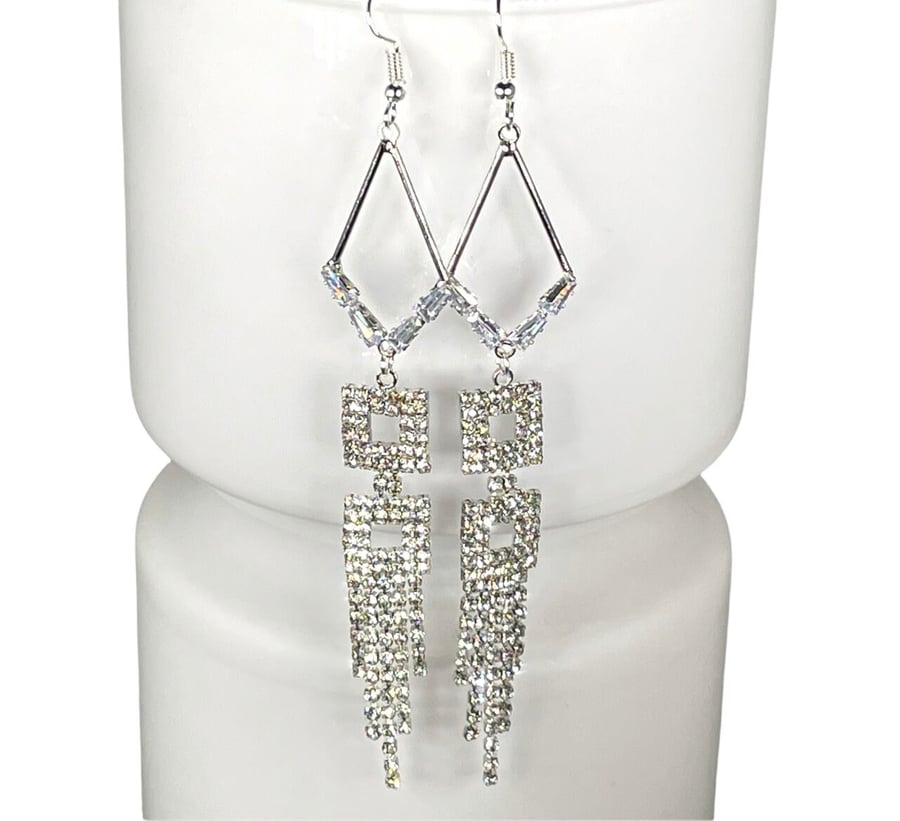 CRYSTAL STATEMENT EARRINGS art deco FRINGE silver  disco retro studio DIAMENTE