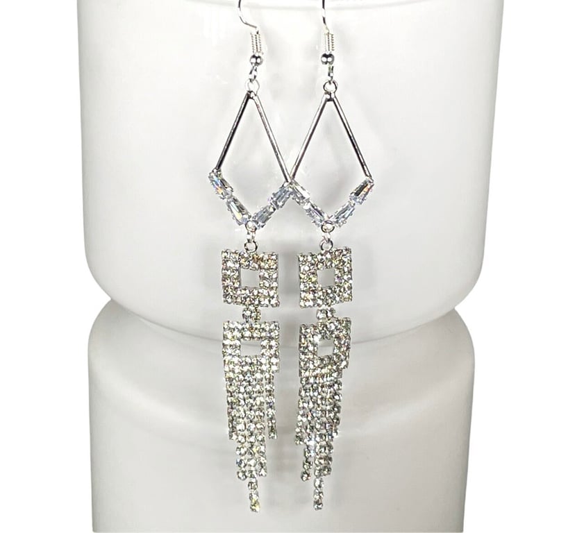CRYSTAL STATEMENT EARRINGS art deco FRINGE silver  disco retro studio DIAMENTE