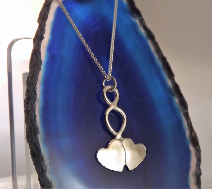 Double Heart Pendant, Silver Celtic Jewellery, Handmade Welsh Necklace