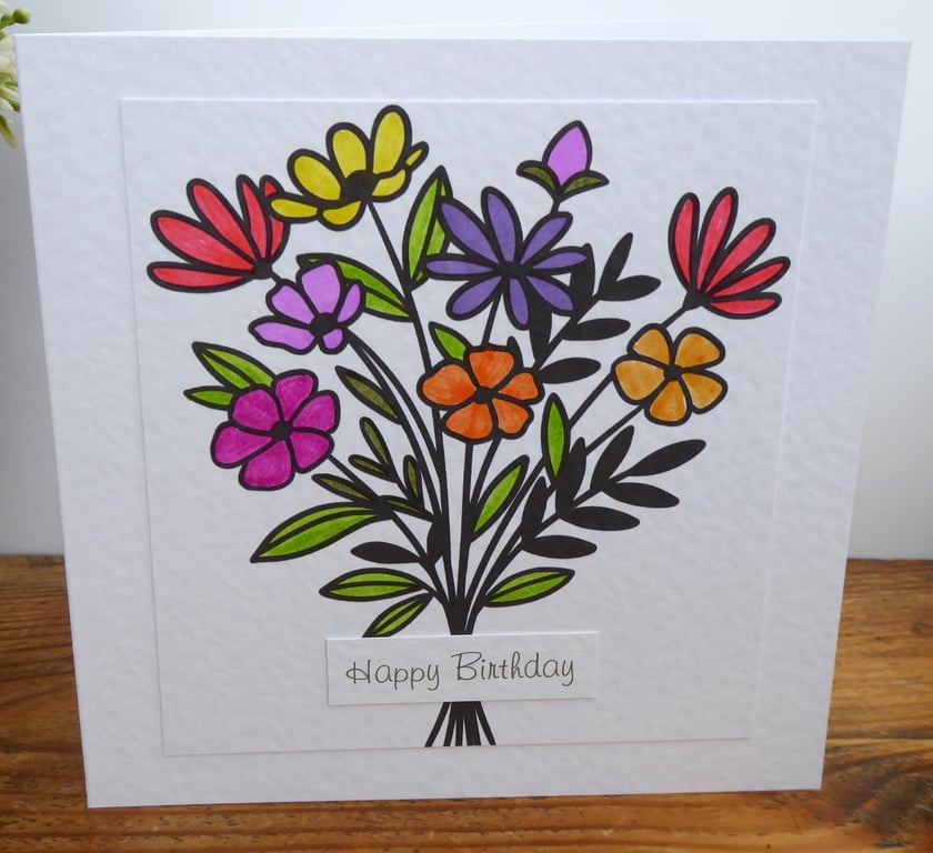 C6499   Happy Birthday Card, Hammered Card, Printed and hand coloured, Flowers,