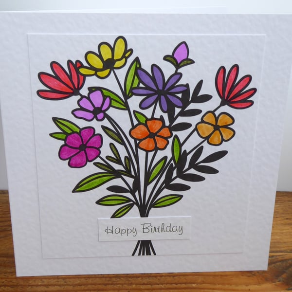 C6499   Happy Birthday Card, Hammered Card, Printed and hand coloured, Flowers,
