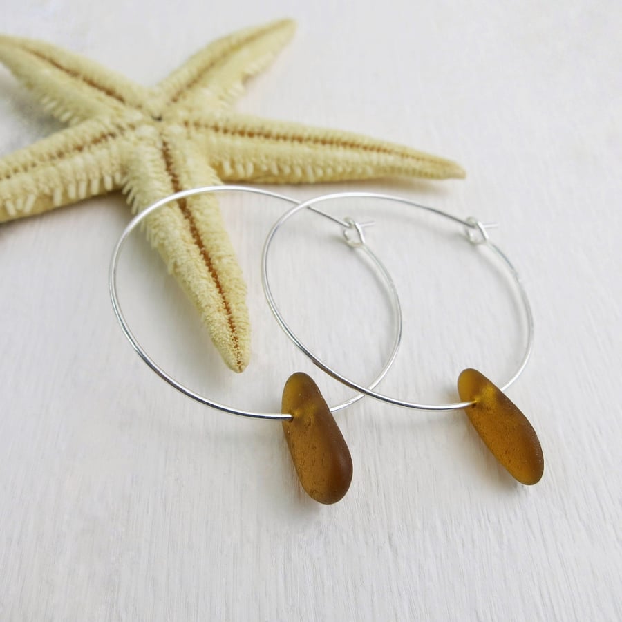 Cornish Sea Glass on 30mm Hoop Earrings - Burnt Orange