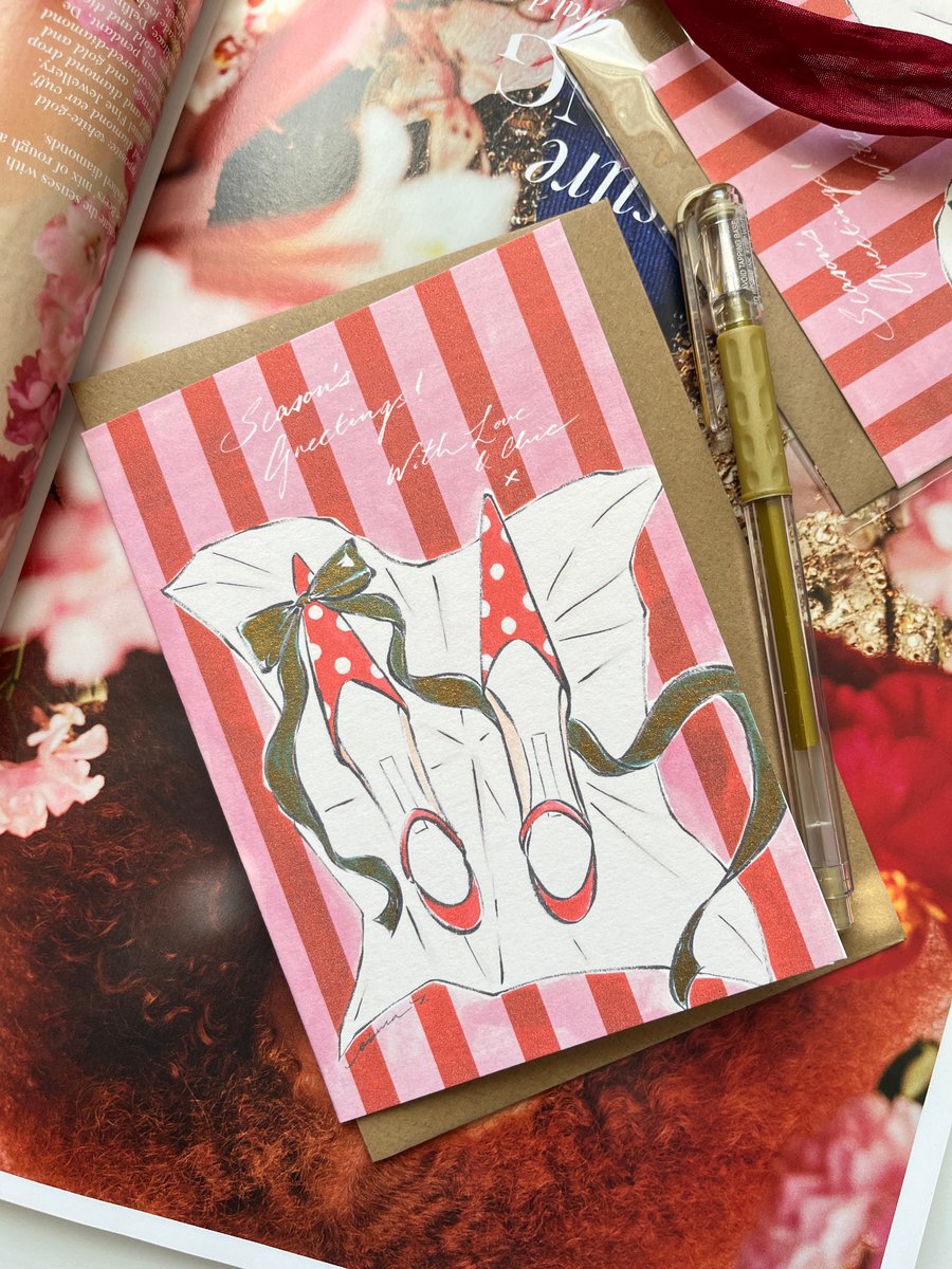 Bespoke Holiday Cards With Hand-Painted Gold Ink, Red-Pink Stripes, Set of 3