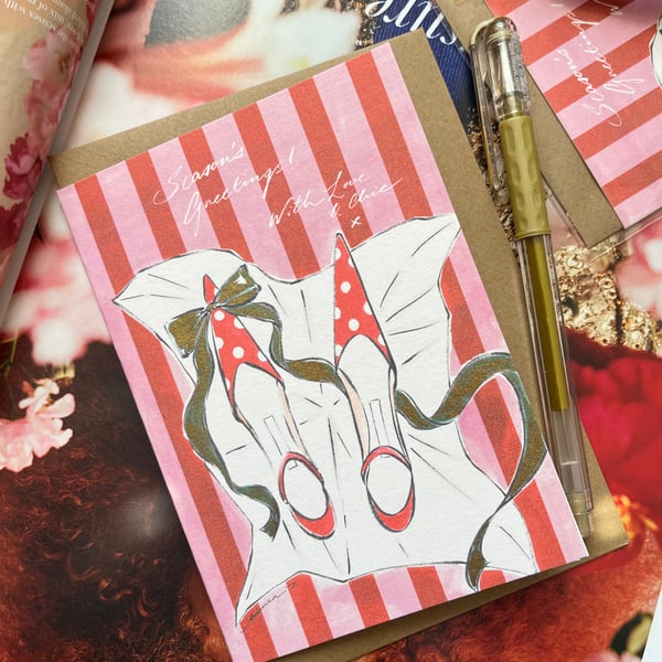 Bespoke Holiday Cards With Hand-Painted Gold Ink, Red-Pink Stripes, Set of 3