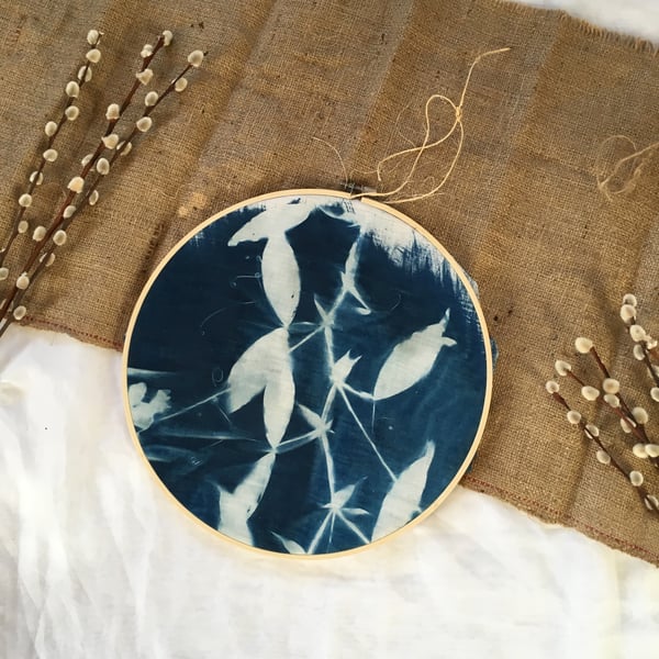 Sweet Pea Cyanotype Embroidery Hoop