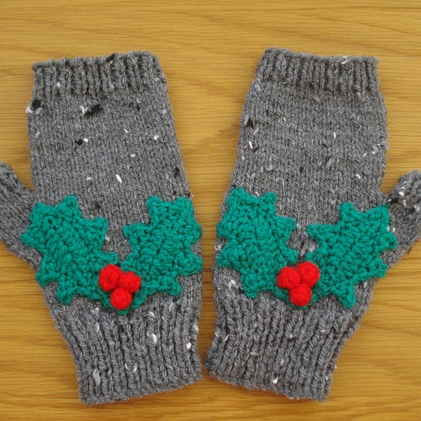 Hand Knitted Dark Grey Fingerless Gloves With Holly Leaves And Red Berries (J20)
