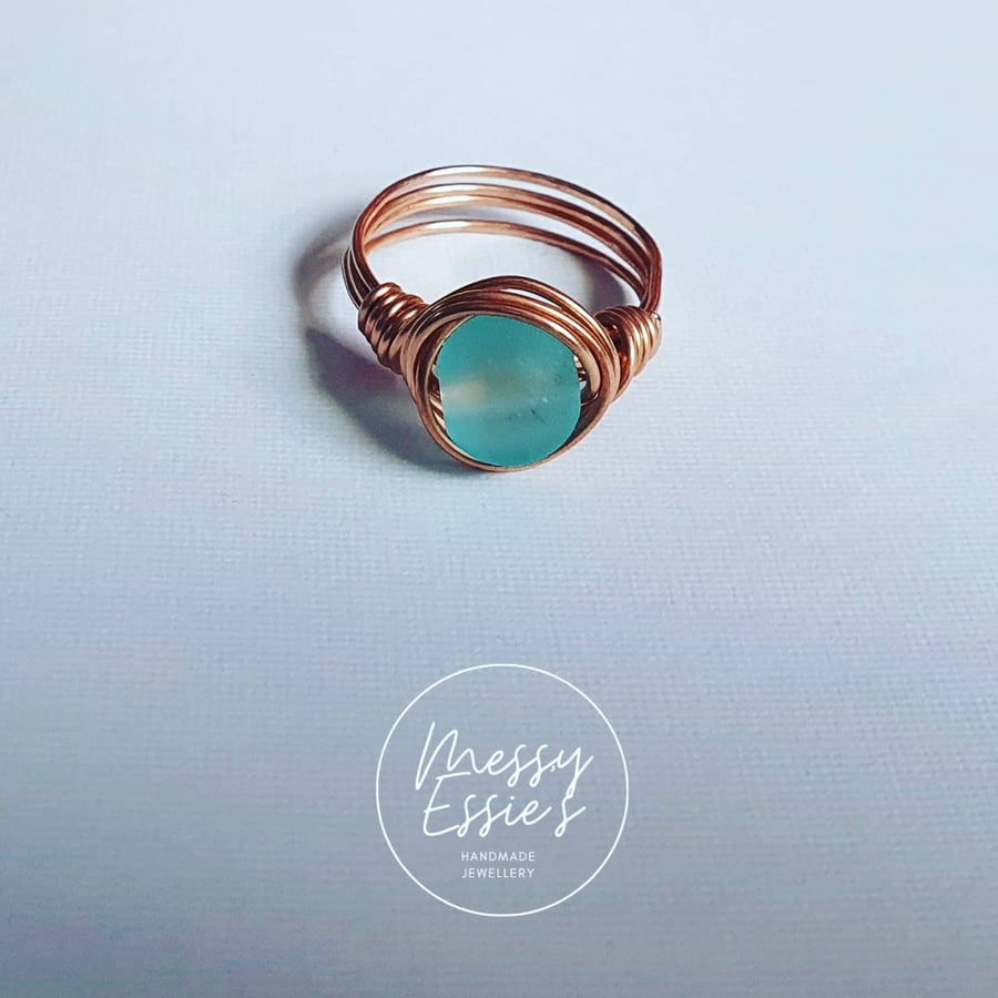 Frosted blue glass and copper wire ring