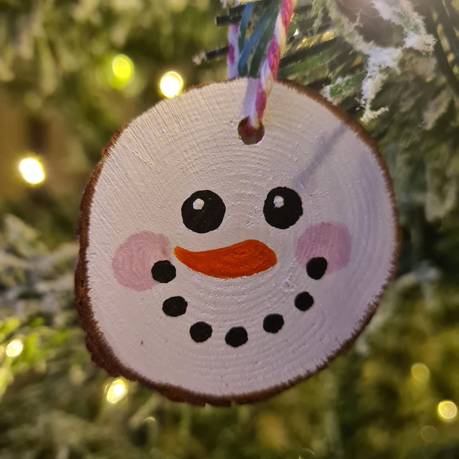 Cute Snowman Painted Log Slice Christmas Tree Decoration - Handcrafted- Free P&P