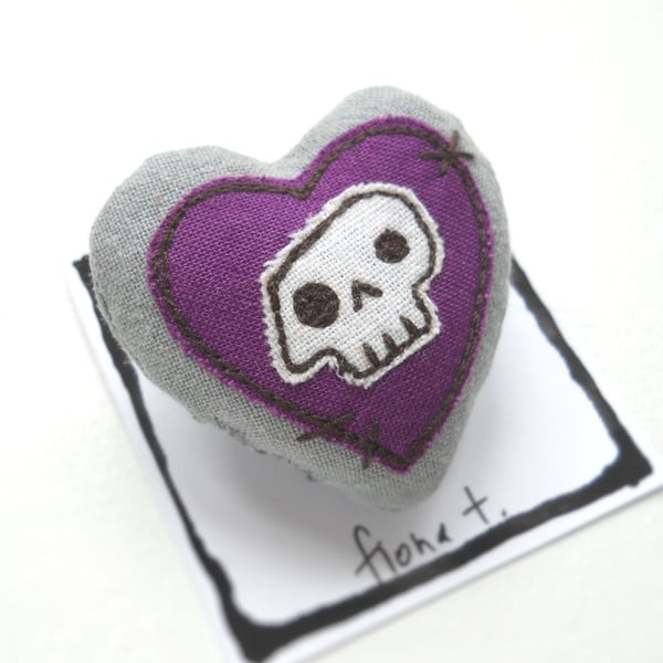 freehand embroidered skull heart textile brooch purple