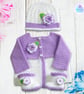 Crochet baby set, layette.  Lilac and white cardigan, hat and boots set 0-3 mths - Image 8