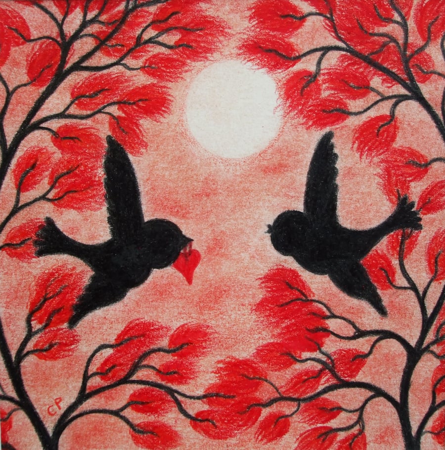 Valentines Card, Love Birds Card, Romantic Card, Red Tree Two Birds Heart Card
