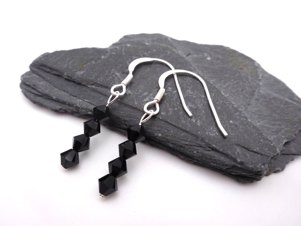 black crystal earrings, sterling silver jewellery