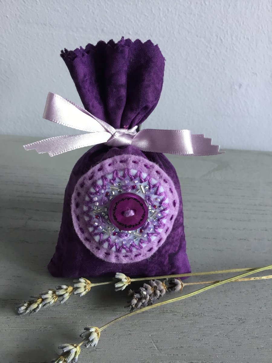 Hand Embroidered Purple Button Lavender Bag