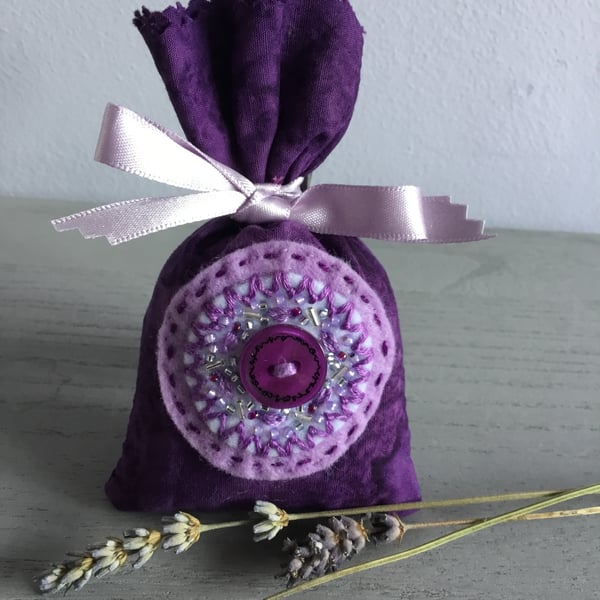 Hand Embroidered Purple Button Lavender Bag