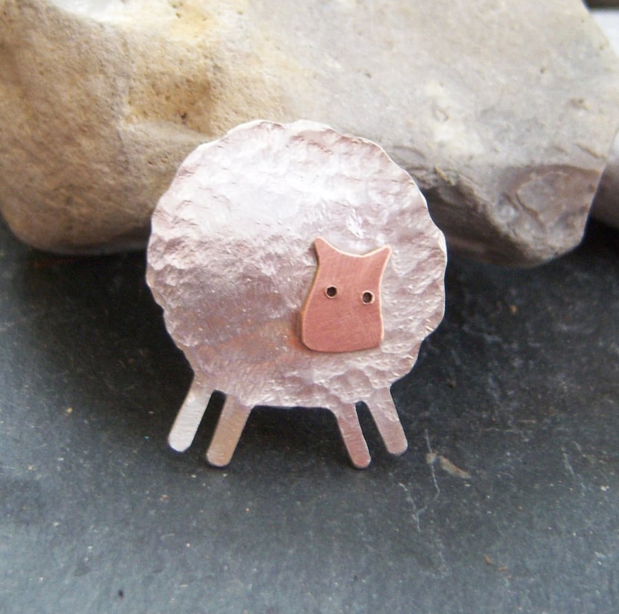 Sheep brooch in textured sterling silver and copper