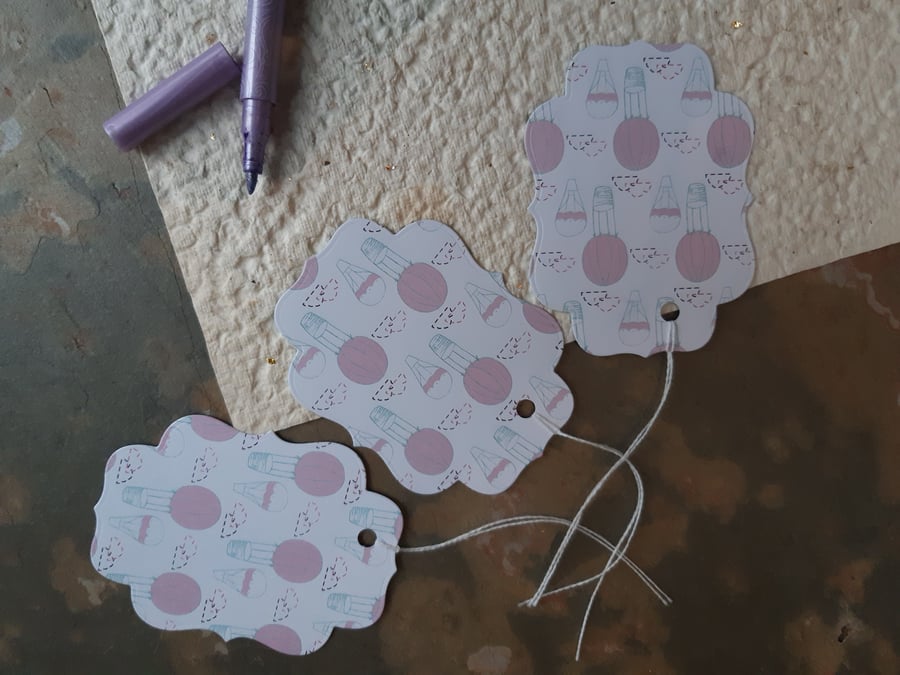 3x large gift tags - pink hot air balloons