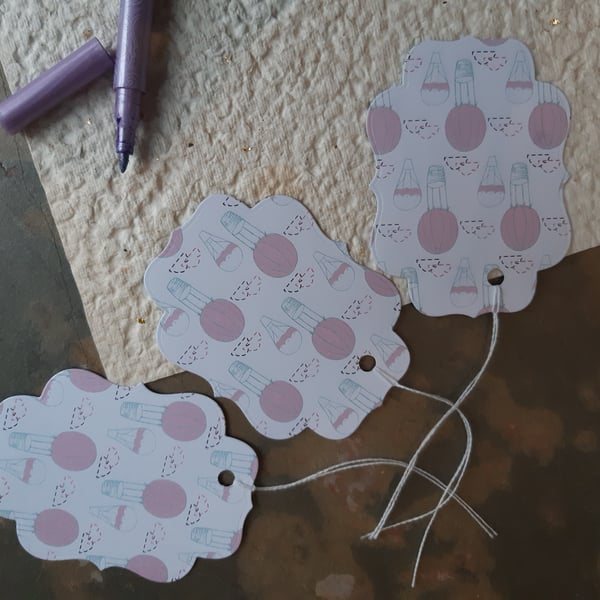 3x large gift tags - pink hot air balloons
