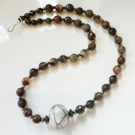 Gray & Multicoloured Agate & Heamotite Sterling Silver Necklace