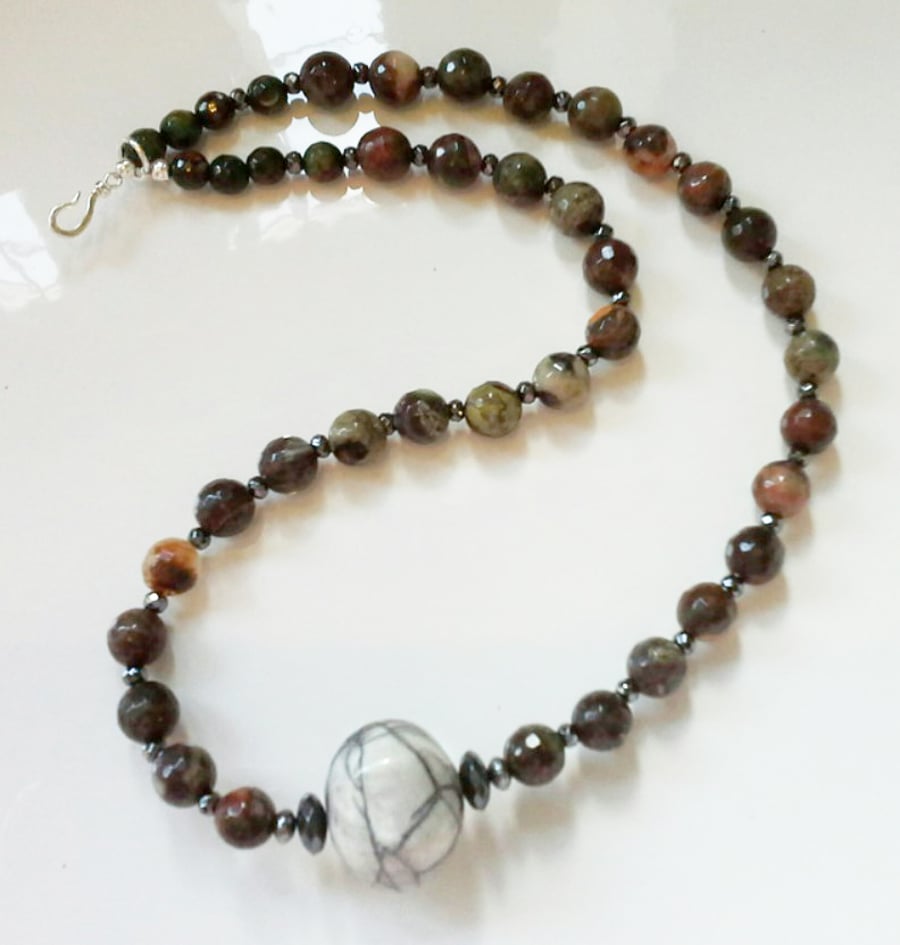 Gray & Multicoloured Agate & Heamotite Sterling Silver Necklace