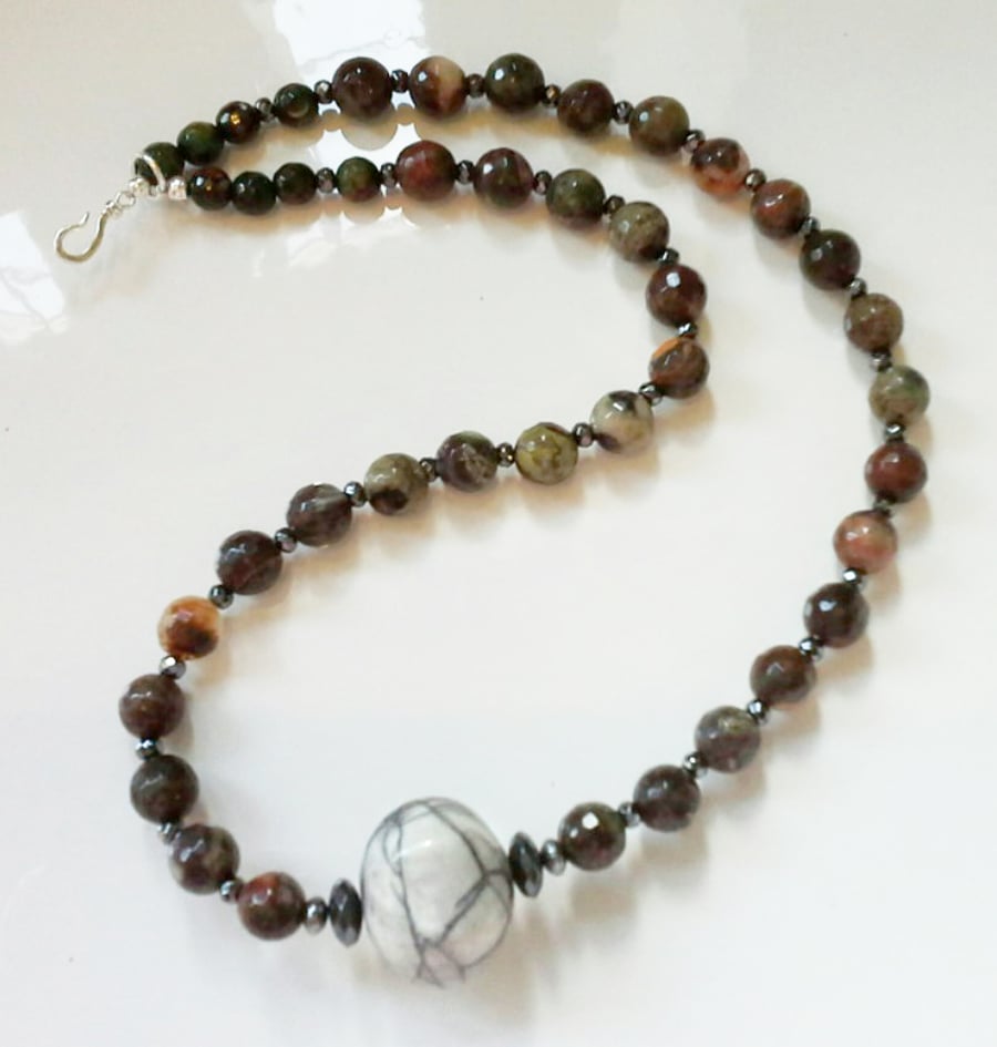 Men's Gray & Multicoloured Agate & Heamotite Sterling Silver Necklace