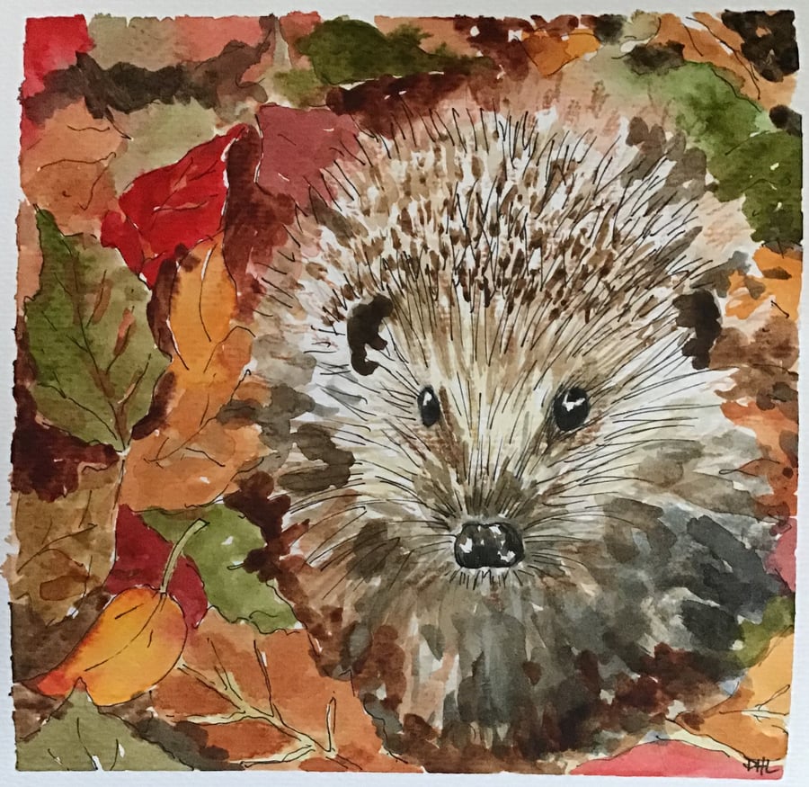 Hedgehog in Autumn Leaves original watercolour 