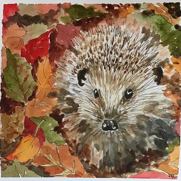 Hedgehog in Autumn Leaves original watercolour 