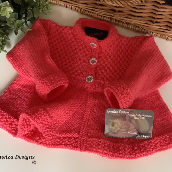 Baby Girl's Hand Knitted Flared Coral Orange Cardigan 3-9 Months 