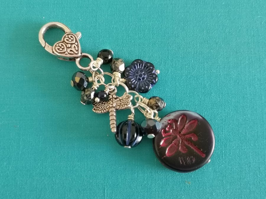 Dragonfly bag charm with black Czech glass beads 