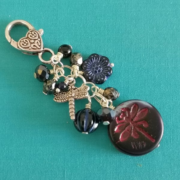 Dragonfly bag charm with black Czech glass beads 
