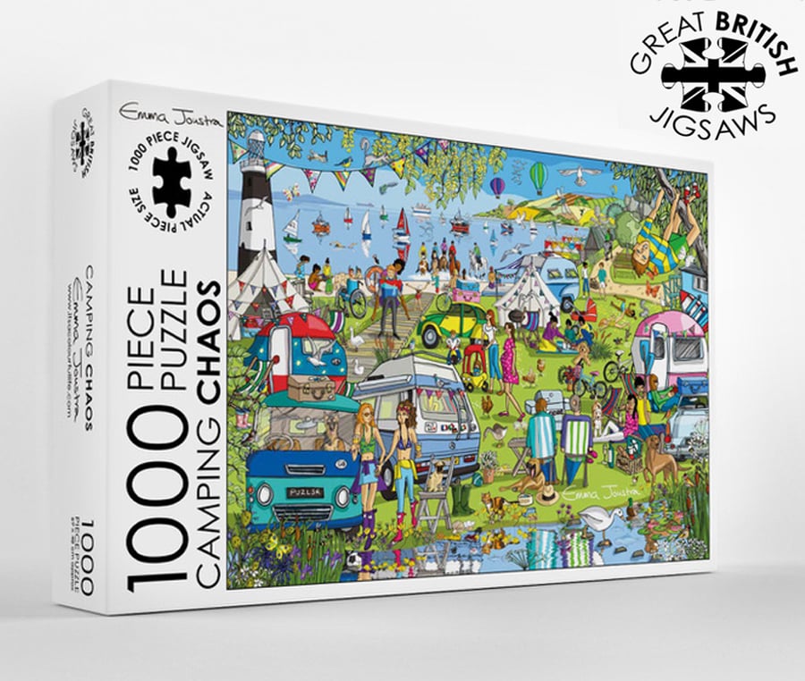 Camping Chaos 1,000 piece jigsaw puzzle designed and made in the UK