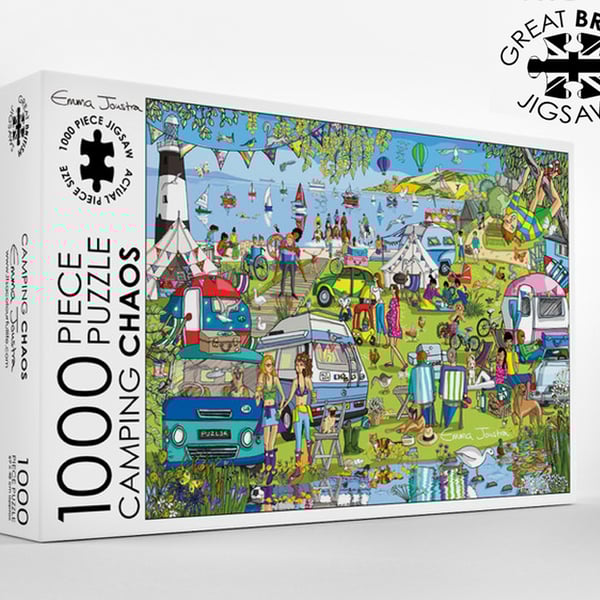 Camping Chaos 1,000 piece jigsaw puzzle designed and made in the UK