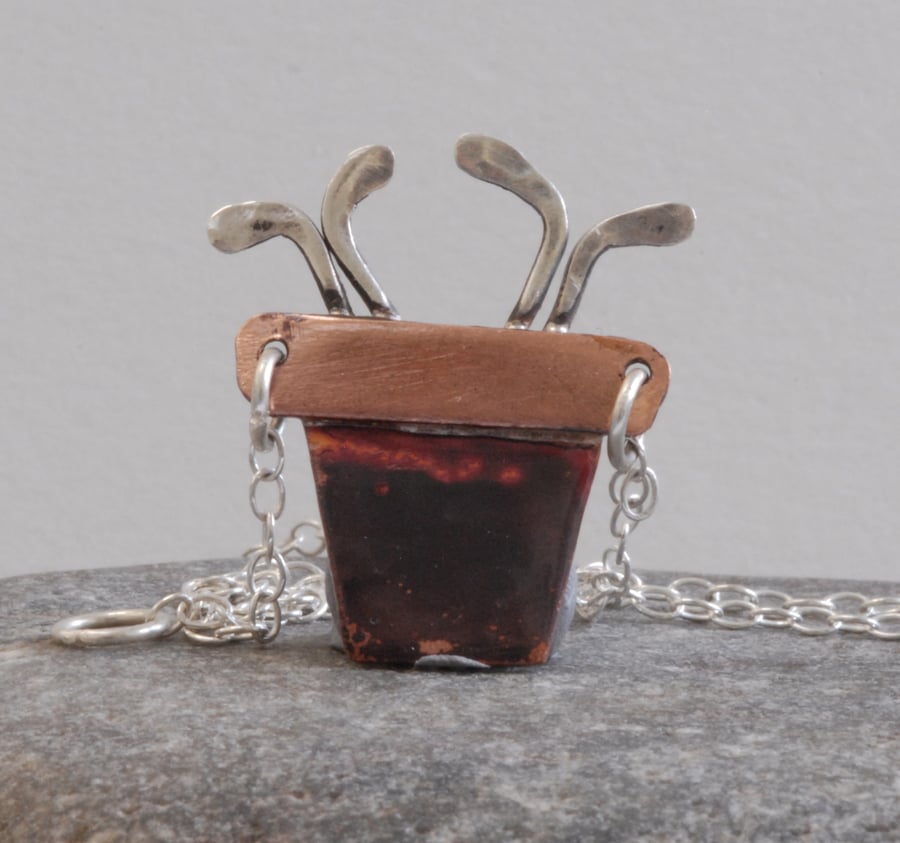 Pot of seedlings necklace in copper and silver