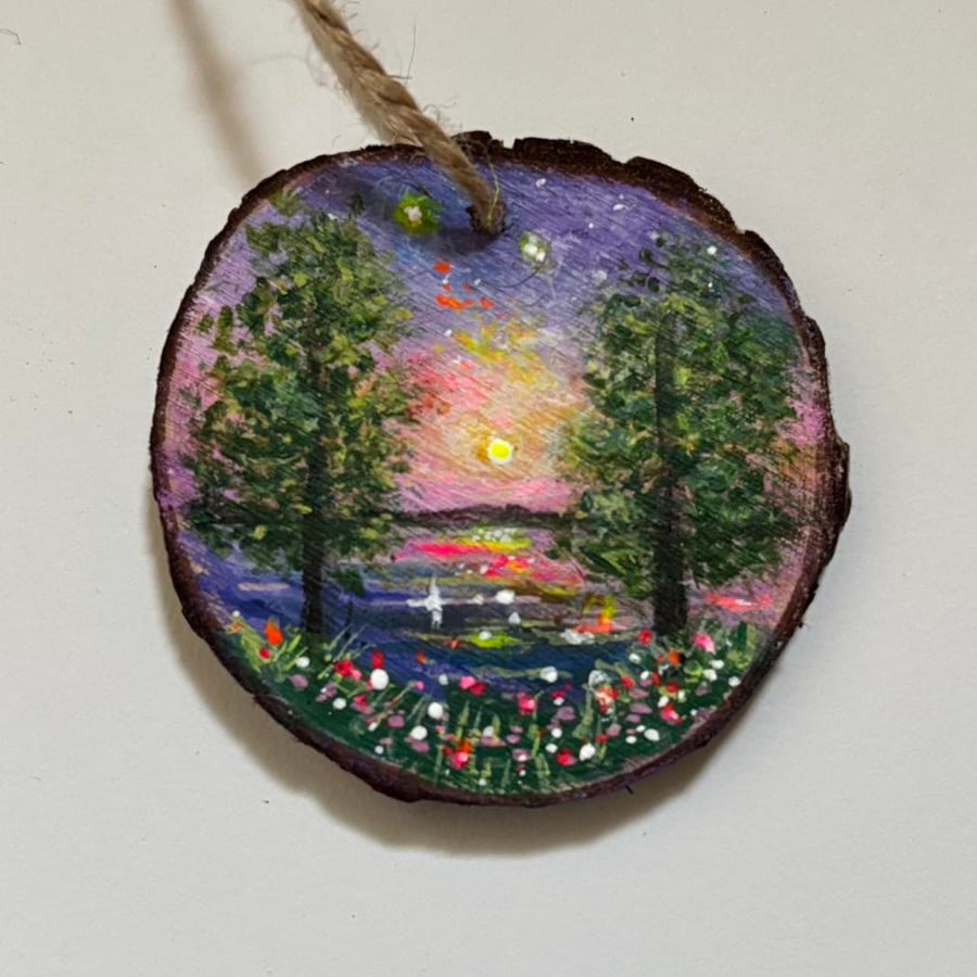 Hand painted wood slice fantasy landscape 