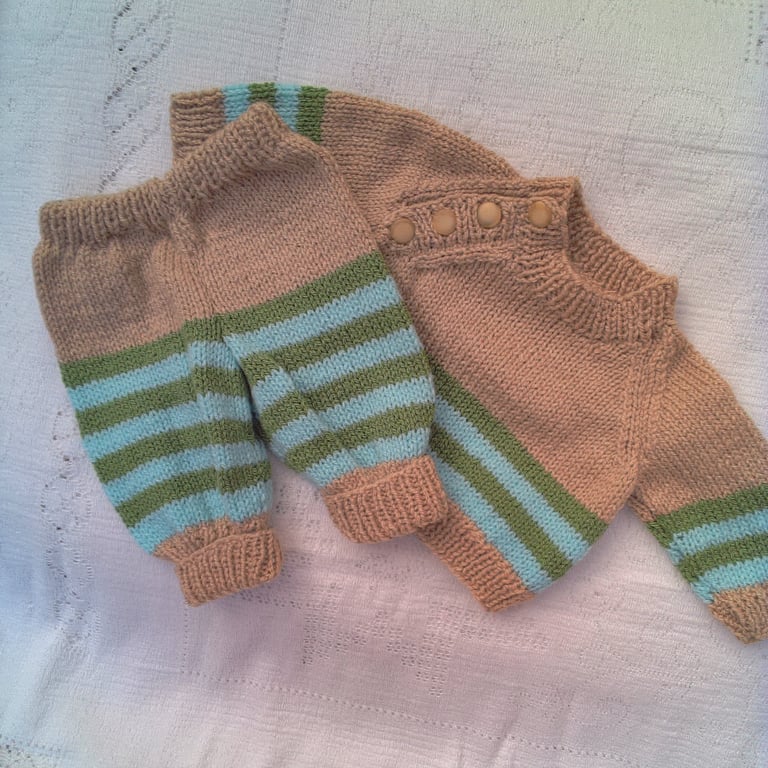 Baby's Hand Knitted Trousers and Jumper Set, Baby Shower Gift, Baby's Outfit