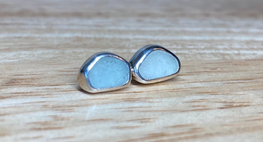 Handmade Welsh Seafoam Blue & Green Sea Glass & Silver Medium size Stud Earrings