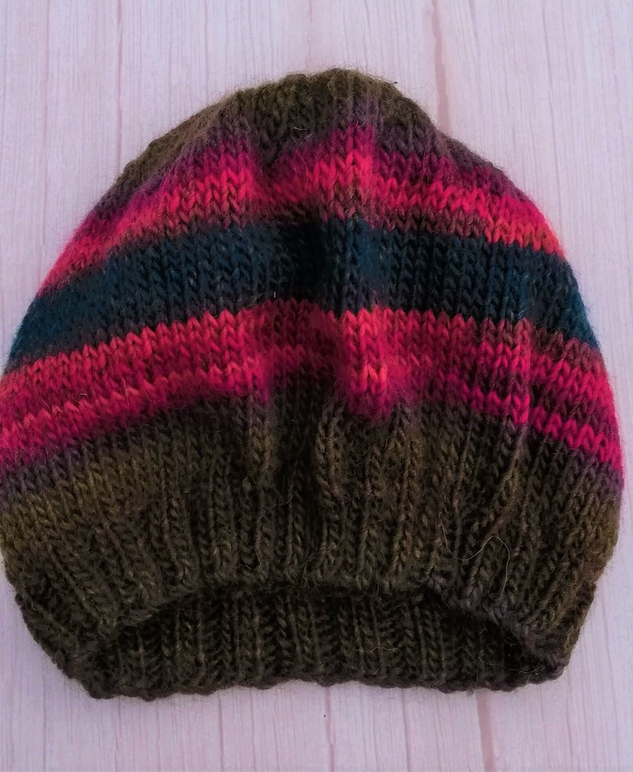 Hand knitted, Pure Wool, Banded Hat - 'Sugar Loaf' Generous Fit