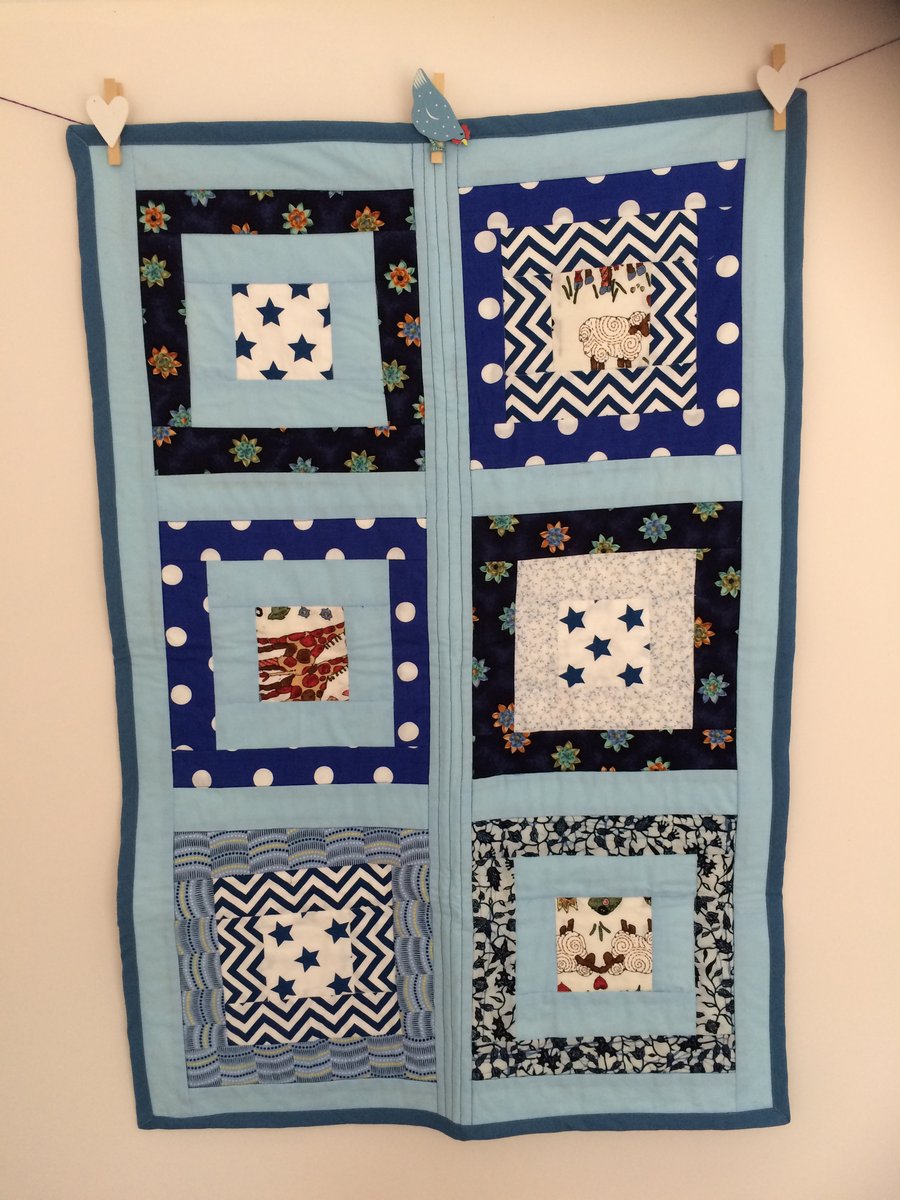 Seconds Sunday. Cotton cot quilt in shades of blue with soft bamboo inner.