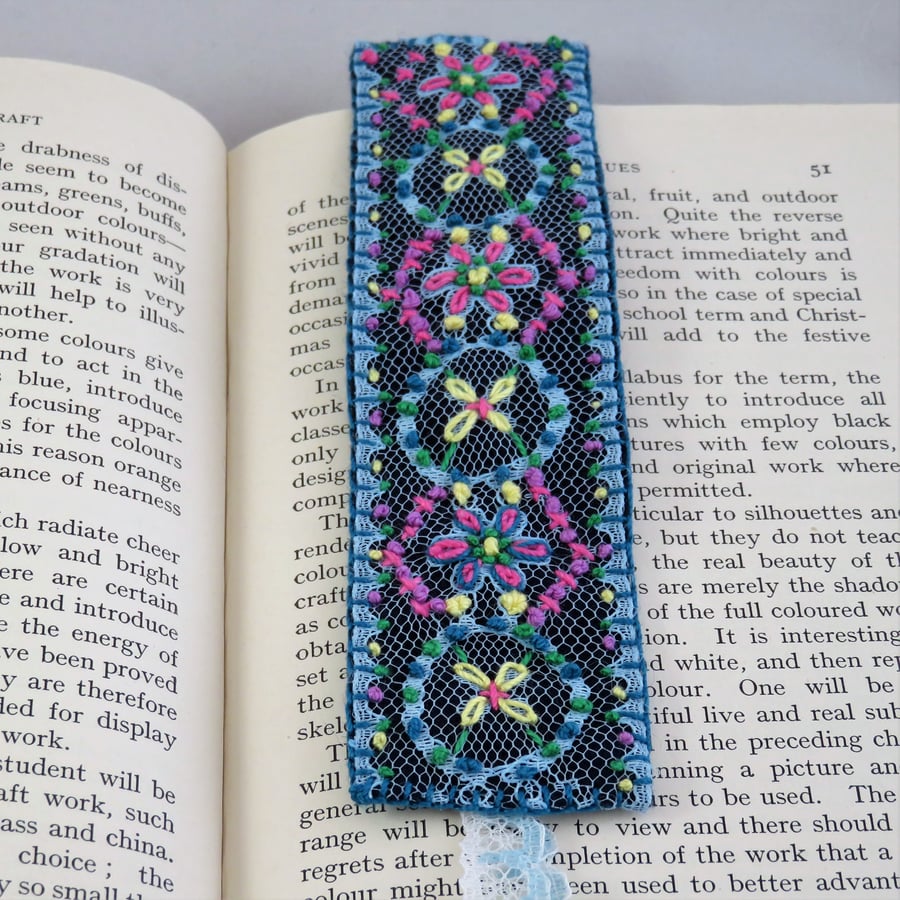 Bookmark - Embroidered Lace, blue with lace tails