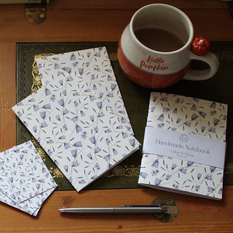 Harebell Flower Stationery Set - Handmade Notebook, Cards & Gift Tags