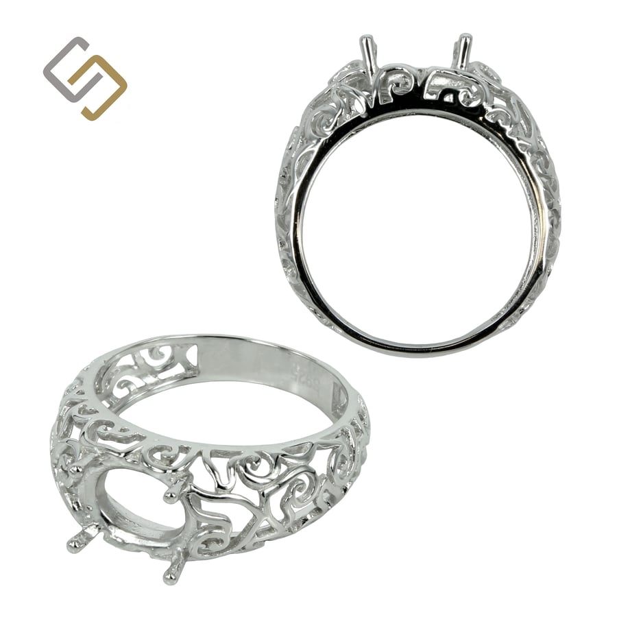 Filigree Ring for 7x9mm Oval stones in Sterling Silver