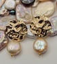 Gold Ripple Effect Earrings with Pearl Coin Accent - Image 10