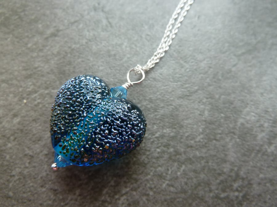 sterling silver chain, blue lampwork glass heart necklace