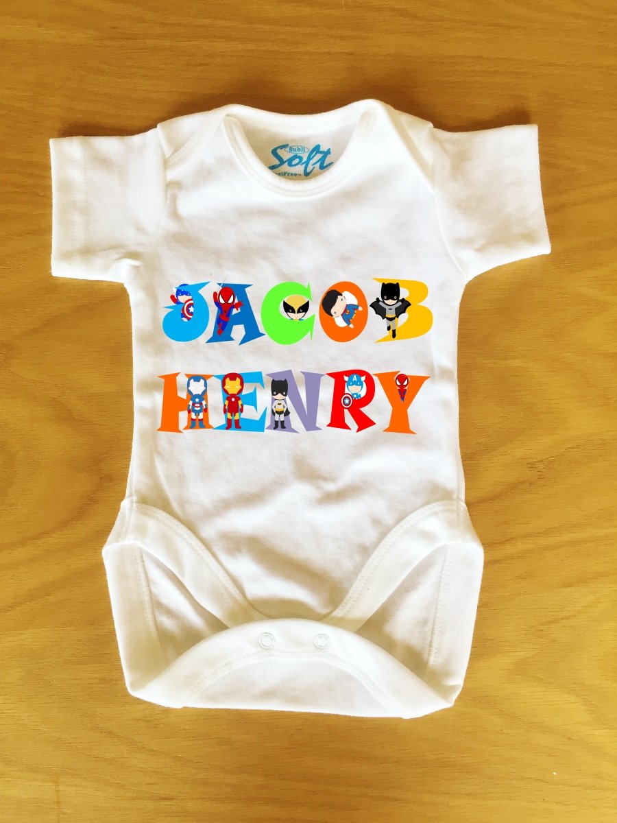 Baby Vest, baby grow, body suit with Personalised, Super Hero, Name font