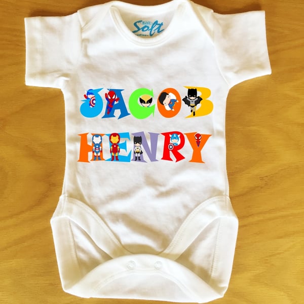 Baby Vest, baby grow, body suit with Personalised, Super Hero, Name font