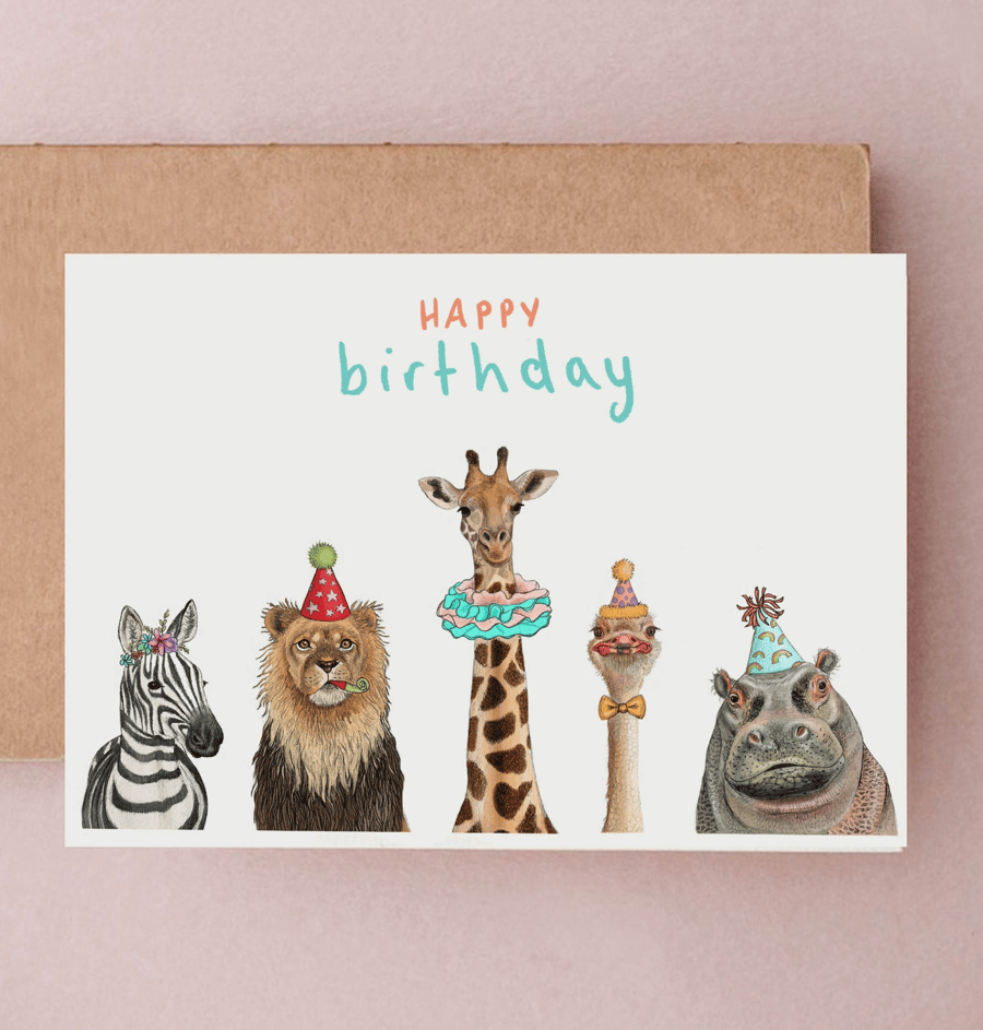 Safari birthday Card - Giraffe, Lion, Zebra, Hippo, Ostrich, Children's