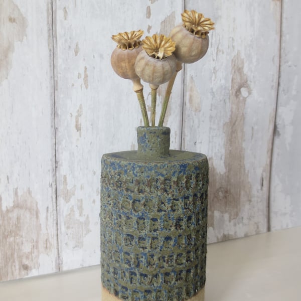 Hand-built stoneware pottery textured vase in deep blue-green